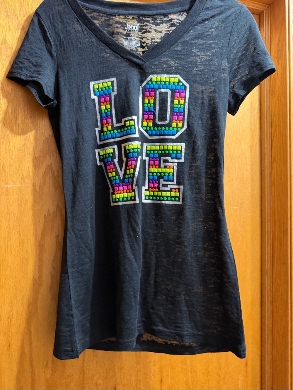 Jenni by Jennifer Moore Black V-Neck Tee with Multicolor LOVE Stud Graphic